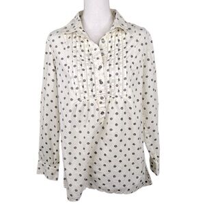 Sundance Cotton Cream & Gray Polka Dot Long Sleeve High Low Button Top Size M